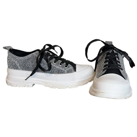 TRUE RELIGION Janis Black Glitter Chunky Sneaker‎ Lace Up Women’s Size 6 - Picture 1 of 10